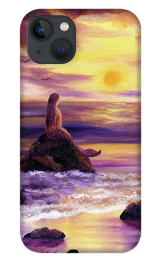 Mermaid iPhone 13 Case featuring the painting Mermaid in Purple Sunset by Laura Iverson