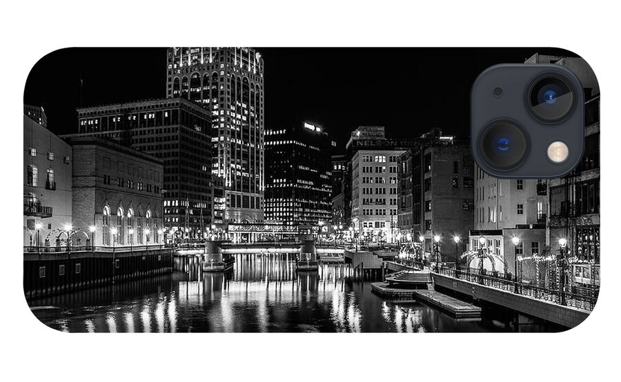 Monochrome iPhone 13 Case featuring the photograph Milwaukee at Night by John Roach