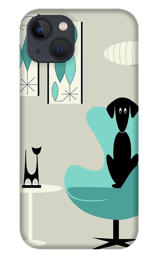 Teal iPhone 13 Case featuring the digital art Mini Gravel Art on Gray with Black Dog by Donna Mibus