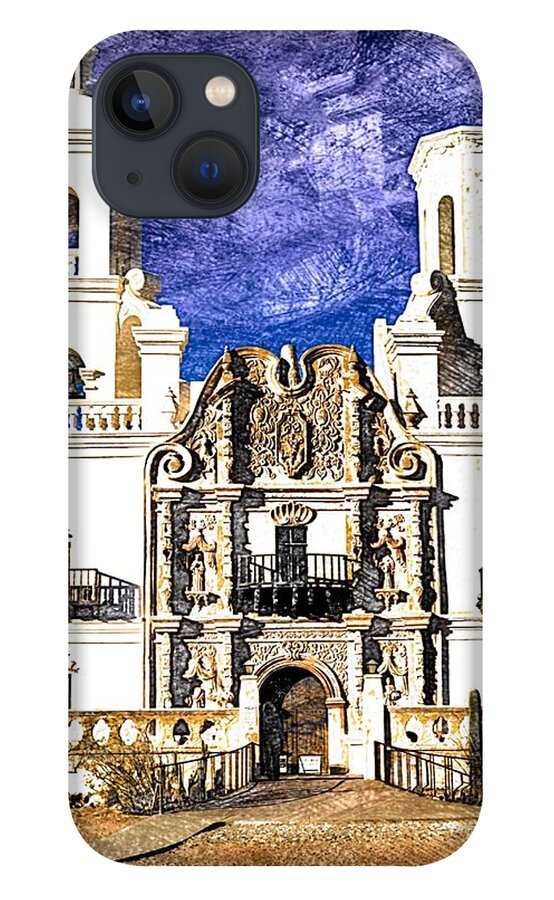 San Xavier Del Bac iPhone 13 Case featuring the digital art Mission San Xavier del Bac by Tatiana Travelways