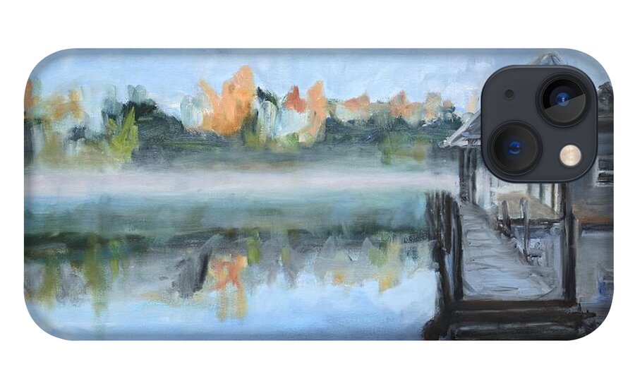 Lake iPhone 13 Case featuring the painting Misty Morning Dock at Smith Mountain Lake by Donna Tuten