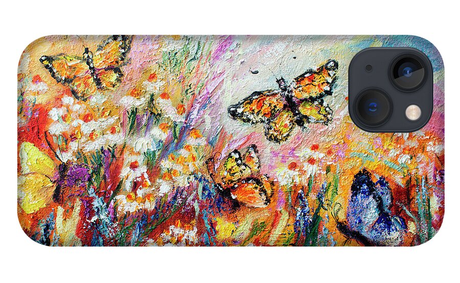 Butterflies iPhone 13 Case featuring the painting Monarch Butterflies and Chamomile Flowers by Ginette Callaway