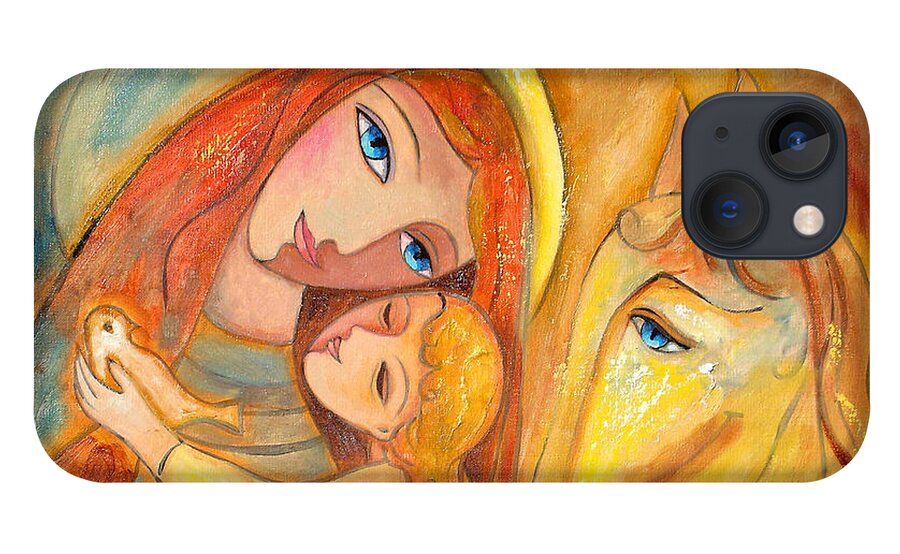 Mother And Child iPhone 13 Case featuring the painting Mother and Child on horse by Shijun Munns