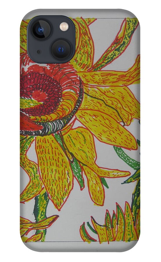 Sunflower iPhone 13 Case featuring the drawing My Version Of A Van Gogh Sunflower by AJ Brown