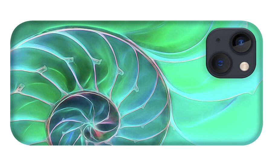 Nautilus Shell iPhone 13 Case featuring the photograph Nautilus Aqua Spiral by Gill Billington