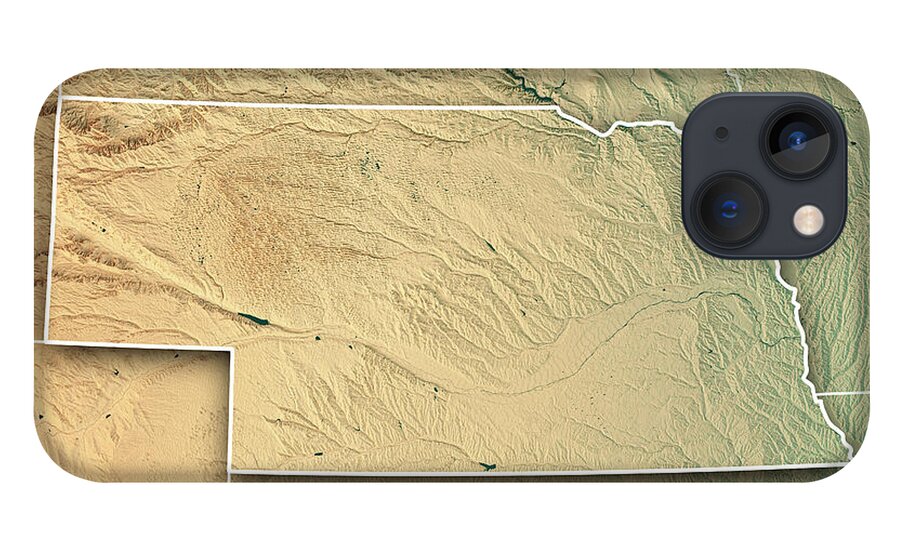 Nebraska iPhone 13 Case featuring the digital art Nebraska State USA 3D Render Topographic Map Border by Frank Ramspott