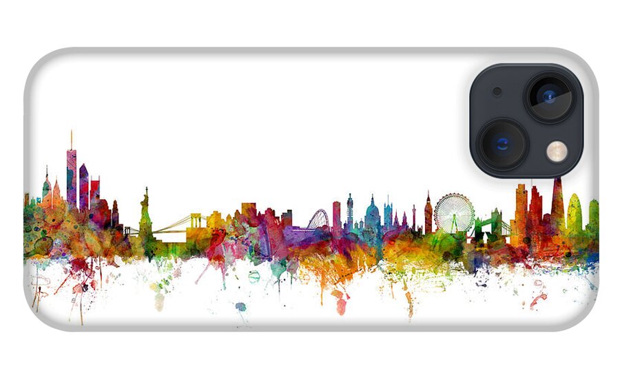 Cityscape iPhone 13 Case featuring the digital art New York and London Skyline Mashup by Michael Tompsett