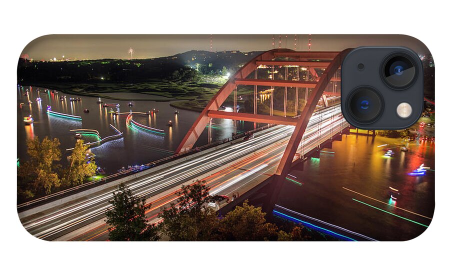 Loop 360 Boat Ramp Park iPhone 13 Case featuring the photograph Nighttime boats cruise up and down the Loop 360 Bridge, a boater by Dan Herron