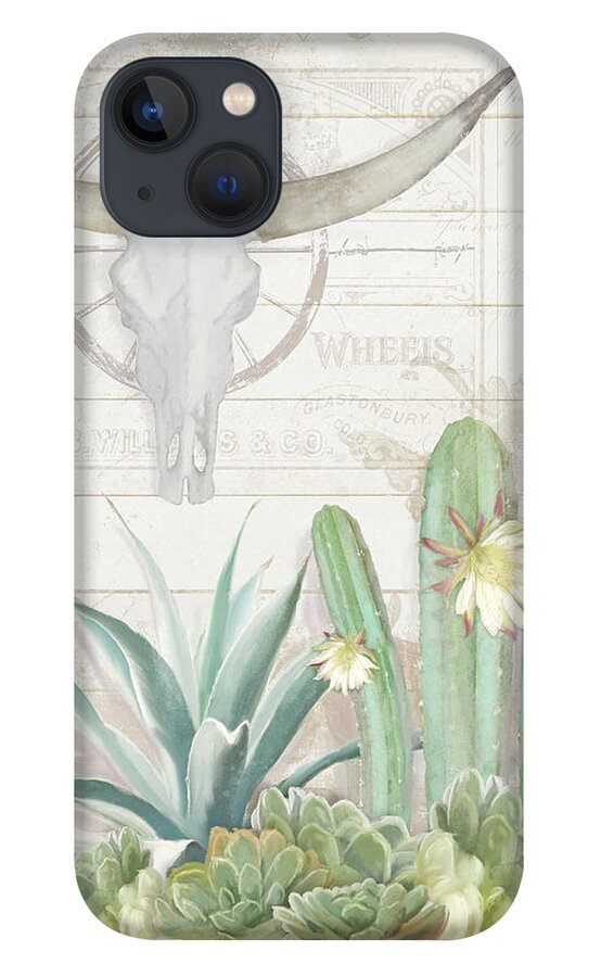 Longhorn Cow Skull iPhone 13 Case featuring the painting Old West Cactus Garden w Longhorn Cow Skull n Succulents over Wood by Audrey Jeanne Roberts