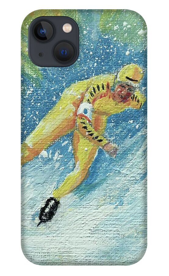 Yellow iPhone 13 Case featuring the painting Olympic Speed Skater by ML McCormick