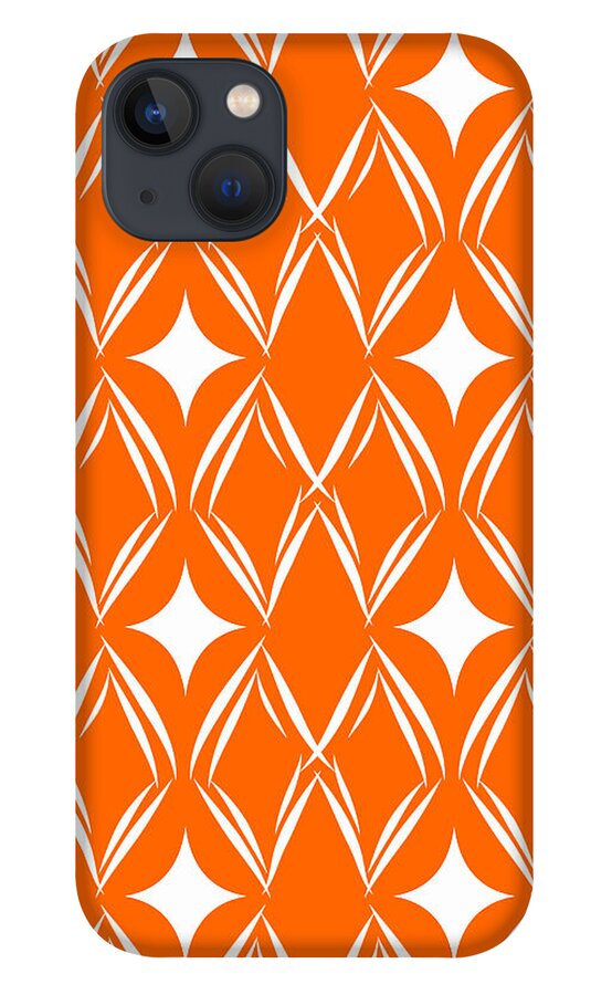 Orange iPhone 13 Case featuring the mixed media Orange and White Diamonds by Linda Woods