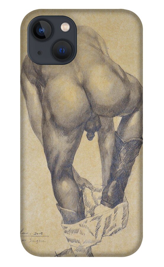 Original Artwork iPhone 13 Case featuring the painting Original Charcoal Drawing Male Nude Gay Interest Man On Paper #6-30-2 by Hongtao Huang