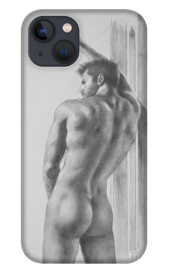 Original Art iPhone 13 Case featuring the painting Original Drawing Sketch Charcoal Male Nude Gay Interest Man Art Pencil On Paper -0039 by Hongtao Huang