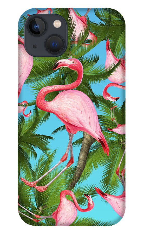  Summer iPhone 13 Case featuring the digital art Palm tree and flamingos by Mark Ashkenazi