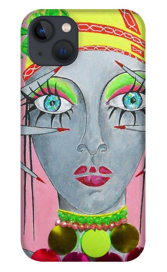 Pink iPhone 13 Case featuring the painting Peek-a-boo on Pink -- Whimsical Portrait of a Belly Dancer by Jayne Somogy