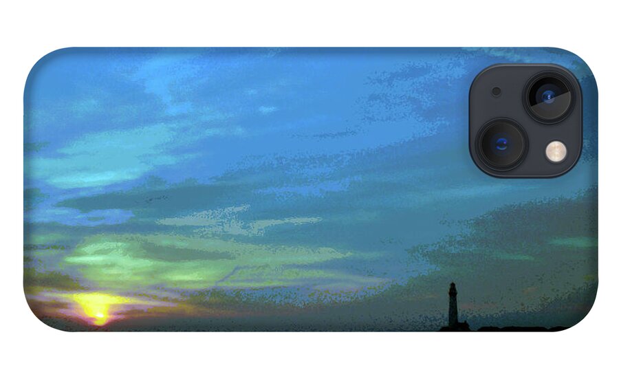 Lighthouse iPhone 13 Case featuring the digital art Pigeon Point Lighthouse Green Flash Sunset, Pescadero California, Abstract 2 by Kathy Anselmo