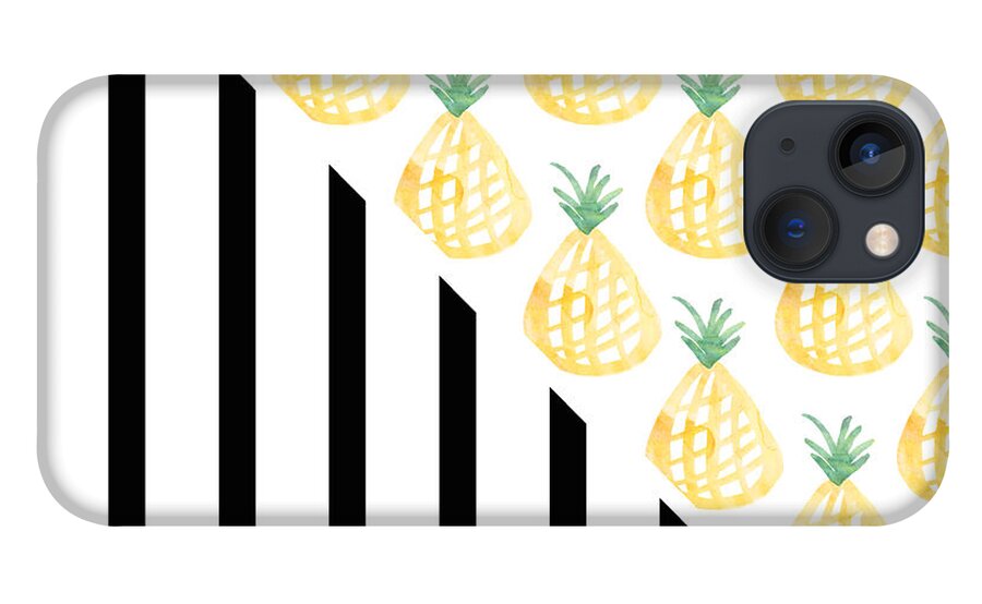 Pineapple iPhone 13 Case featuring the mixed media Pineapples and Stripes by Linda Woods