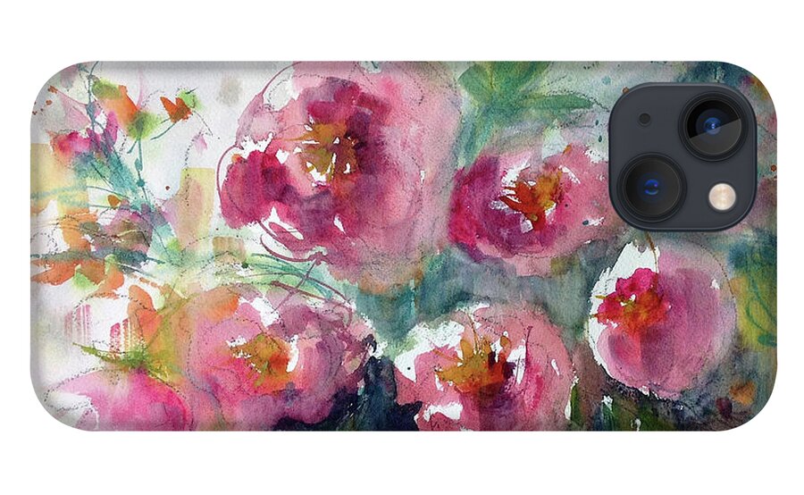 Watercolor iPhone 13 Case featuring the painting Pink Pops by Judith Levins