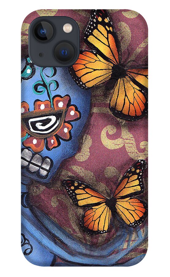 Day Of The Dead iPhone 13 Case featuring the painting Playing with Monarchs by Abril Andrade