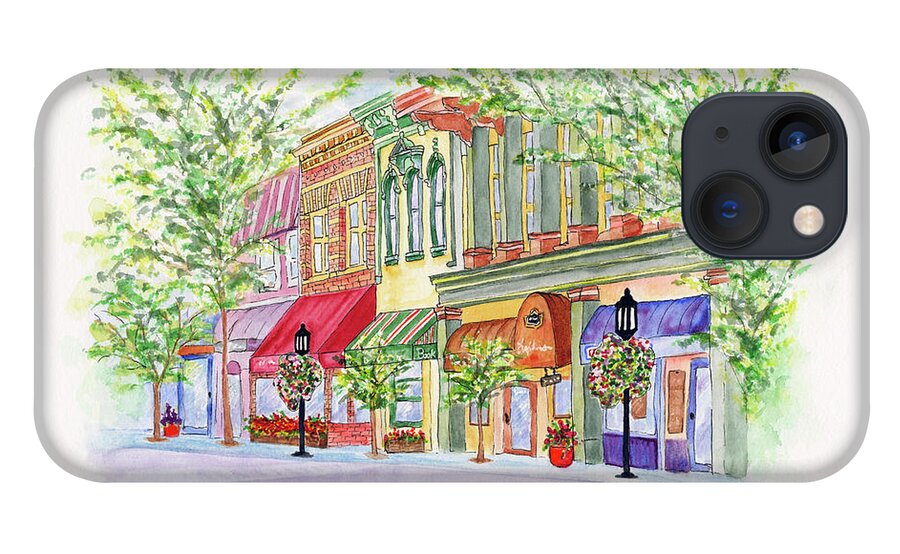 Ashland Oregon iPhone 13 Case featuring the painting Plaza Shops by Lori Taylor