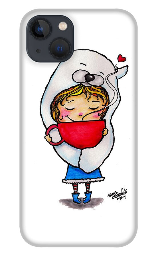 Whimsical iPhone 13 Case featuring the digital art Polar Bear Girl with Hot Cocoa by Laura Ostrowski