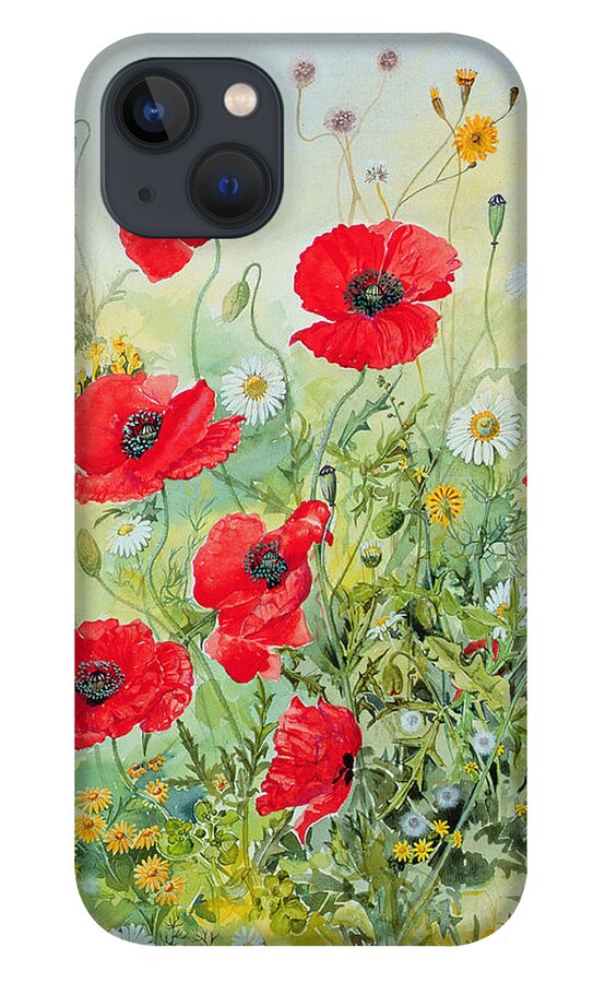 Flowers; Botanical; Flower; Poppies; Mayweed; Leaf; Leafs; Leafy; Flower; Red Flower; White Flower; Yellow Flower; Poppie; Mayweeds iPhone 13 Case featuring the painting Poppies and Mayweed by John Gubbins