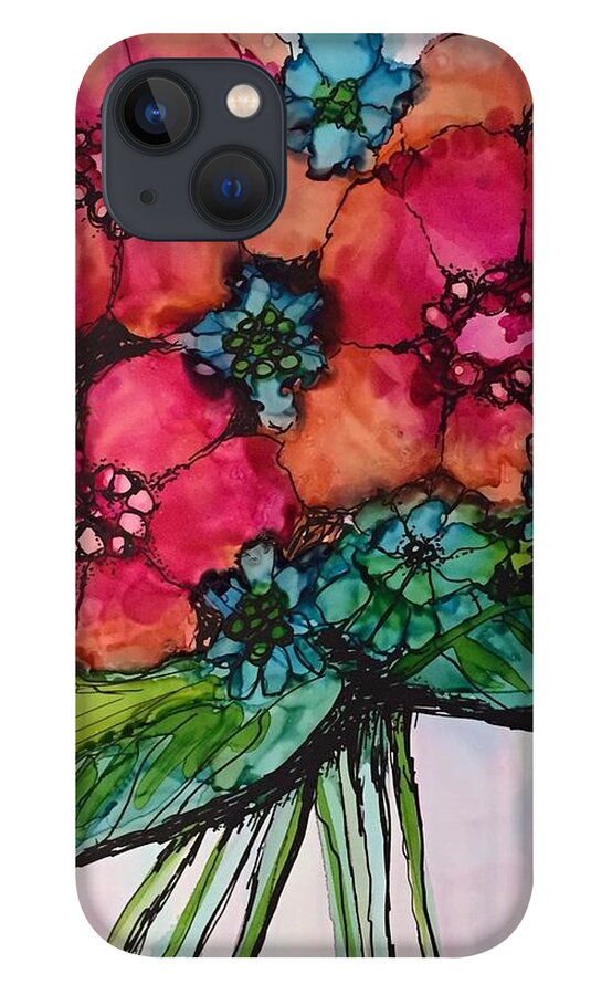 Alcohol Ink iPhone 13 Case featuring the painting Posies by Beth Kluth