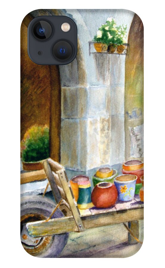 Cityscape iPhone 13 Case featuring the painting Pottery Cart by Karen Fleschler