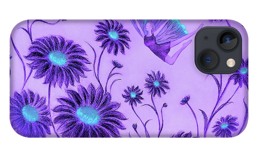 Daisy iPhone 13 Case featuring the drawing Purple Dream - Dancing with Daisies by Yoonhee Ko
