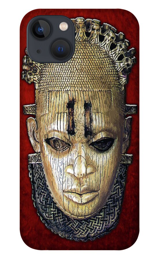 'treasures Of Africa' Collection By Serge Averbukh iPhone 13 Case featuring the digital art Queen Mother Idia - Ivory Hip Pendant Mask - Nigeria - Edo Peoples - Court of Benin on Red Velvet by Serge Averbukh