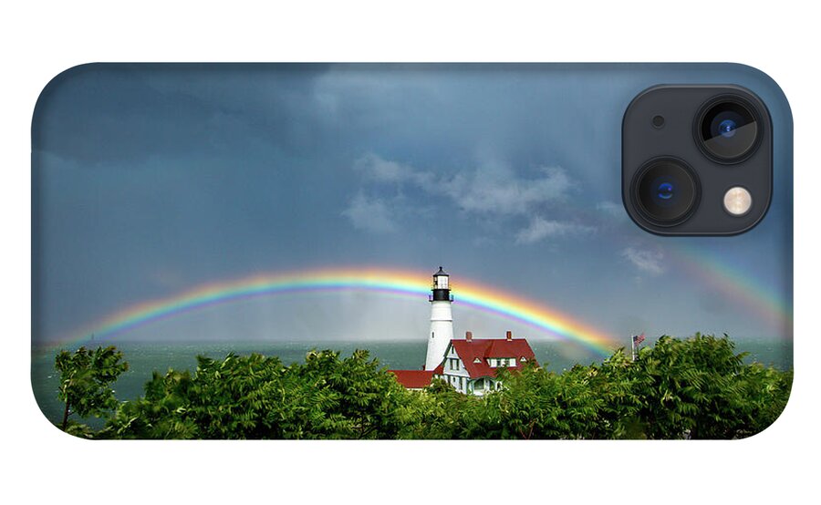 Portland Headlight iPhone 13 Case featuring the photograph Rainbow x 2 at Portland Headlight by Darryl Hendricks