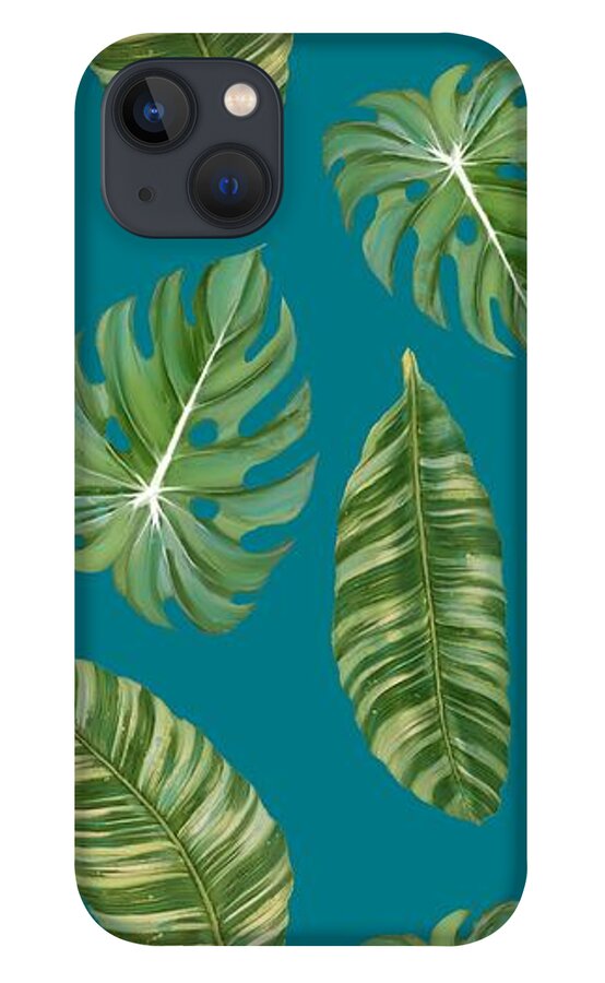 Tropical iPhone 13 Case featuring the painting Rainforest Resort - Tropical Leaves Elephant's Ear Philodendron Banana Leaf by Audrey Jeanne Roberts