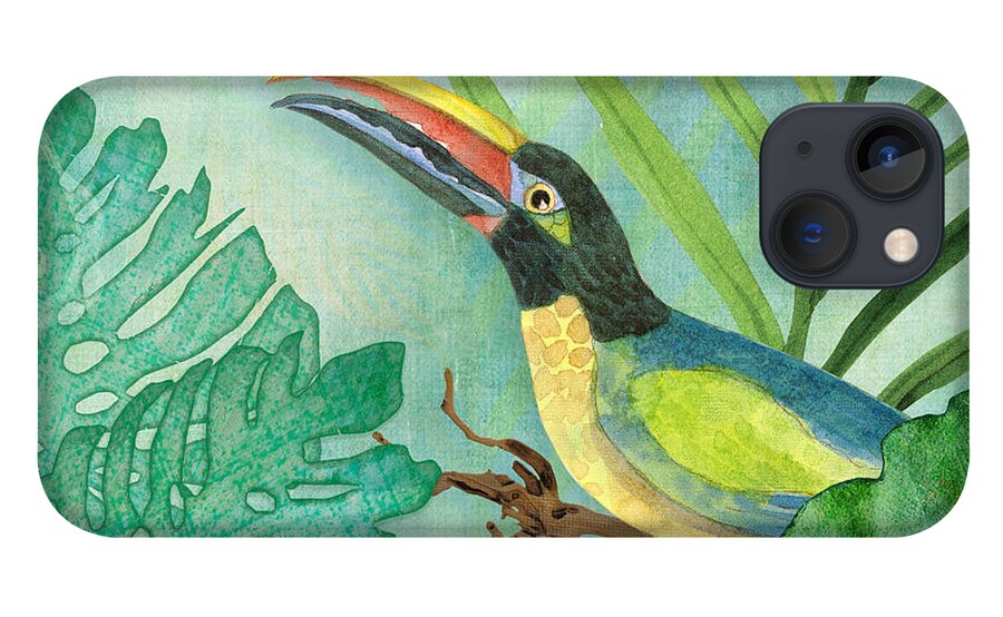 Square Format iPhone 13 Case featuring the painting Rainforest Tropical - Jungle Toucan w Philodendron Elephant Ear and Palm Leaves 2 by Audrey Jeanne Roberts