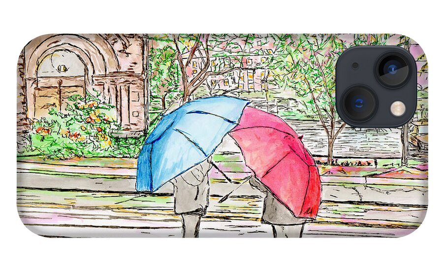 Rainy iPhone 13 Case featuring the drawing Rainy Day in Downtown Worcester, MA by Michele A Loftus