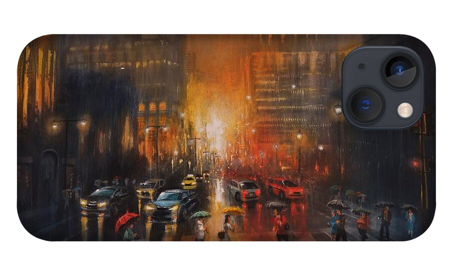 City Rainy iPhone 13 Case featuring the painting Rainy Night by Tom Shropshire