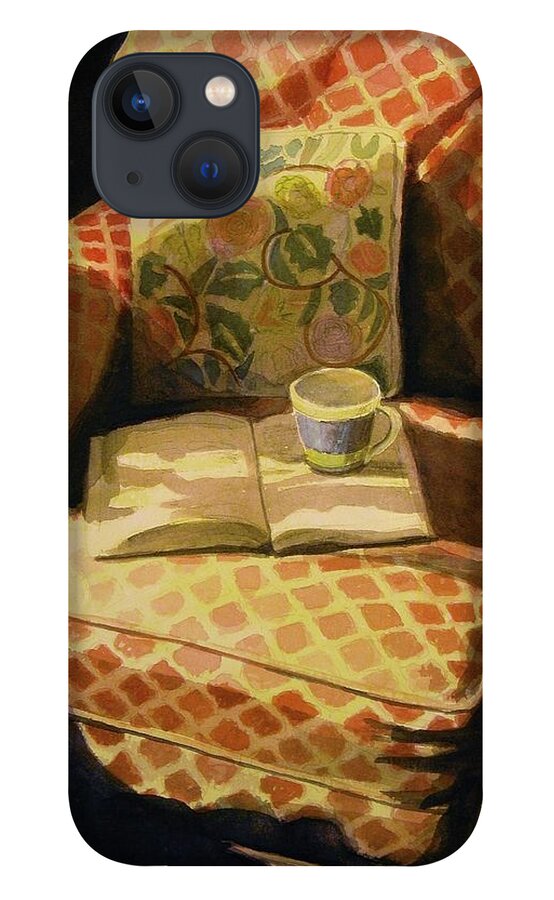 Walt Maes iPhone 13 Case featuring the painting Reading Chair with book and cup of coffee by Walt Maes