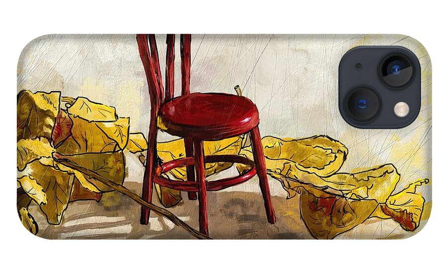 Red iPhone 13 Case featuring the digital art Red chair and yellow leaves by Debra Baldwin