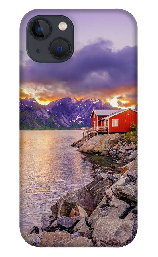 Lofoten iPhone 13 Case featuring the photograph Red hut in a midnight sun by Dmytro Korol