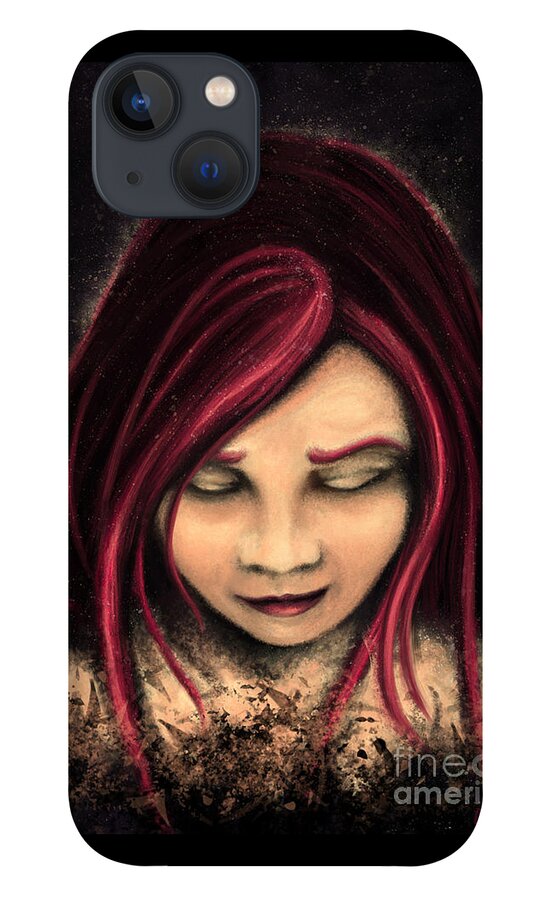 Girl iPhone 13 Case featuring the painting Red hair girl portrait, whimsical gothic style girl by Nadia CHEVREL