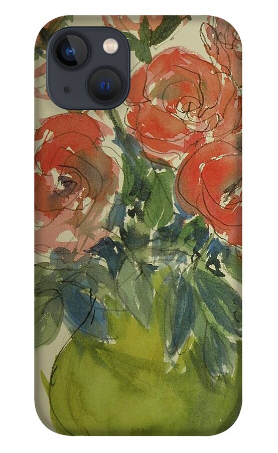 Walt Maes iPhone 13 Case featuring the painting Red roses in a green vase by Walt Maes