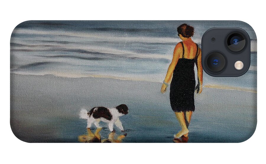 Ocean; Sunrise; Dog; Sand; Serenity; Contemplation; Companionship; Friendship; Water iPhone 13 Case featuring the painting Reflections by Marg Wolf