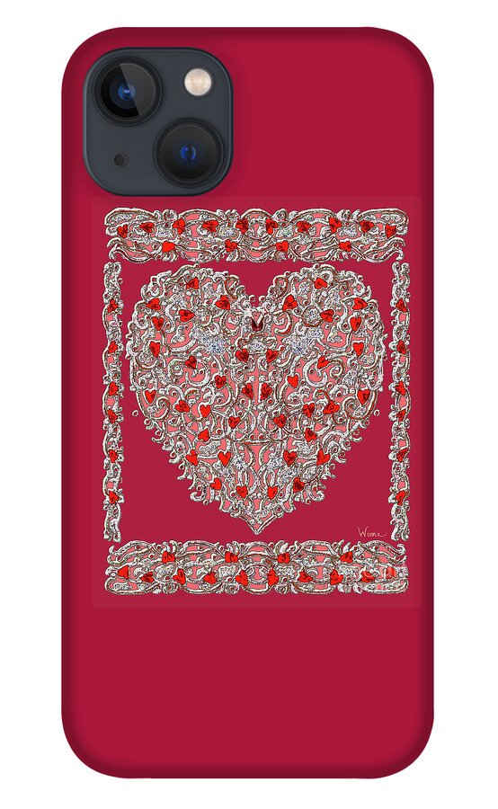 Lise Winne iPhone 13 Case featuring the digital art Renaissance Style Heart with Dark Red Background by Lise Winne