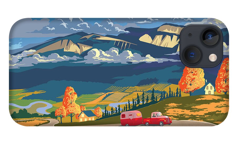 Retro Travel iPhone 13 Case featuring the painting Retro Travel Autumn Landscape by Sassan Filsoof