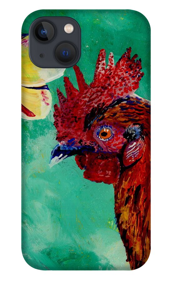 Rooster Art iPhone 13 Case featuring the painting Rooster and Plumeria by Marionette Taboniar