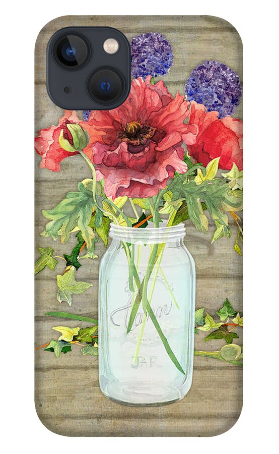 Watercolor iPhone 13 Case featuring the painting Rustic Country Red Poppy w Alium n Ivy in a Mason Jar Bouquet on Wooden Fence by Audrey Jeanne Roberts