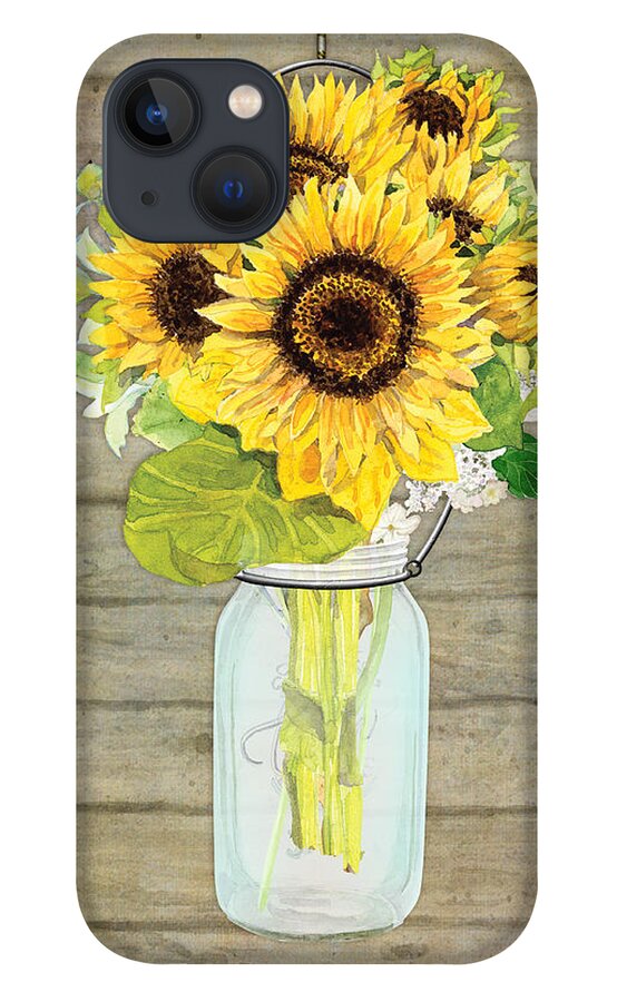 Watercolor iPhone 13 Case featuring the painting Rustic Country Sunflowers in Mason Jar by Audrey Jeanne Roberts