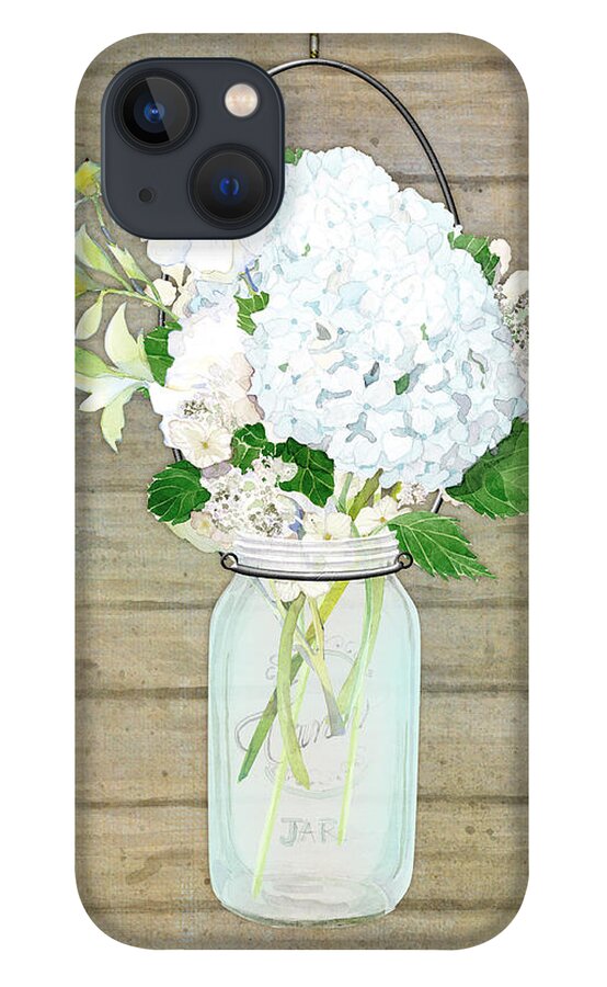 White Hydrangea iPhone 13 Case featuring the painting Rustic Country White Hydrangea n Matillija Poppy Mason Jar Bouquet on Wooden Fence by Audrey Jeanne Roberts