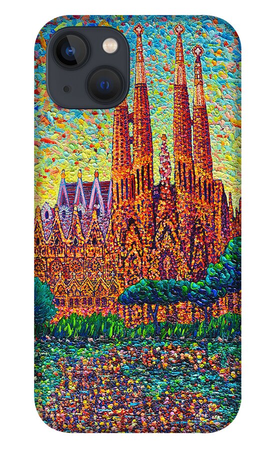Sagrada iPhone 13 Case featuring the painting Sagrada Familia Barcelona Modern Impressionist Palette Knife Oil Painting By Ana Maria Edulescu by Ana Maria Edulescu
