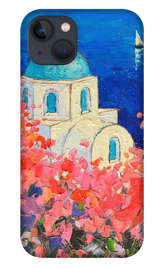 Santorini iPhone 13 Case featuring the painting Santorini Impression - Full Bloom In Santorini Greece by Ana Maria Edulescu