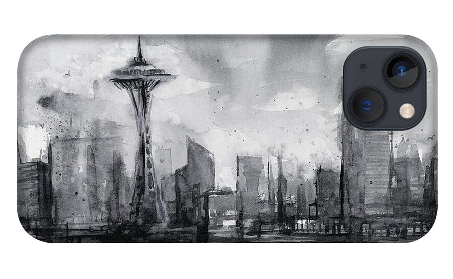 Seattle iPhone 13 Case featuring the painting Seattle Skyline Painting Watercolor by Olga Shvartsur